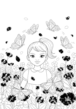 A vibrant scene of a young girl with a confident expression, surrounded by blooming red flowers and playful butterflies in a whimsical garden