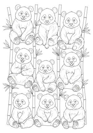 A detailed illustration of a family of pandas sitting together among bamboo stalks, with each panda displaying expressive and joyful postures