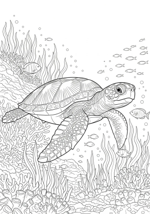 A cute turtle exploring a vibrant coral reef filled with seaweed and small fish, with detailed patterns on its shell