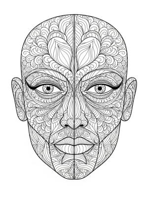 A detailed illustration of a face divided into two contrasting expressions, with intricate patterns and designs on each side