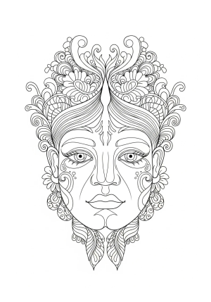 A symmetrical face featuring two different personalities with elaborate details and decorative elements surrounding it