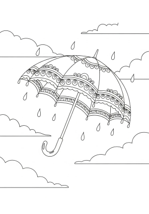 A whimsical umbrella with detailed patterns and decorative edges floating in a breezy sky with clouds and raindrops falling around it