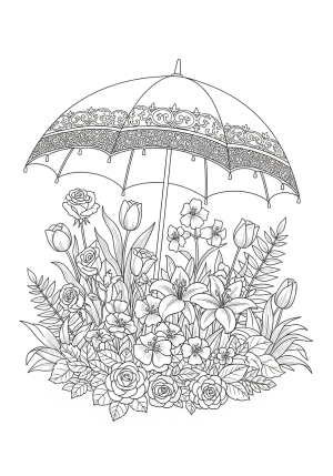 A charming garden scene with an ornate umbrella providing shade over a variety of blooming flowers and leafy plants