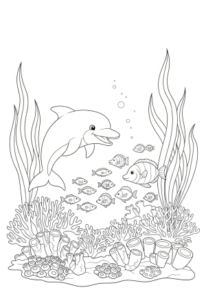 An enchanting underwater landscape with a friendly dolphin jumping near a school of small fish and coral formations, with seaweed swaying in the current.