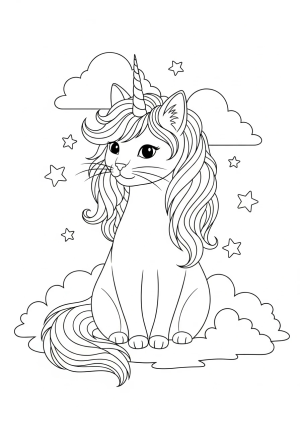 A whimsical unicorn cat with a flowing mane and a spiraled horn, sitting gracefully amidst magical stars and clouds.