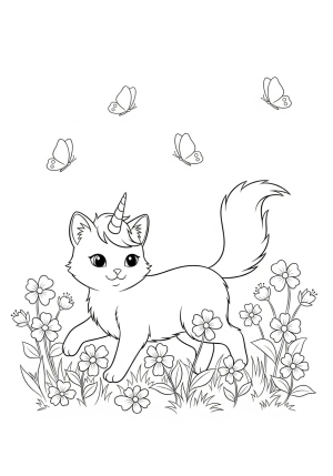 A playful unicorn cat with a fluffy tail and a tiny unicorn horn, frolicking through a fields of blooming flowers and fluttering butterflies.