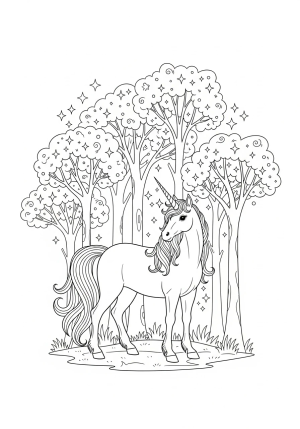 A majestic unicorn standing in a magical forest with sparkling trees and whimsical details