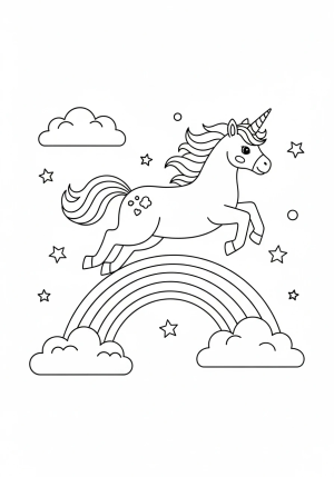 A playful unicorn jumping over a rainbow with clouds and stars in the background
