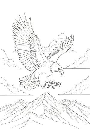 A majestic eagle soaring high above a mountain range with clouds in the background