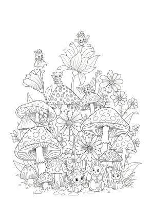 A whimsical fairy garden filled with intricate flowers, mushrooms, and tiny magical creatures
