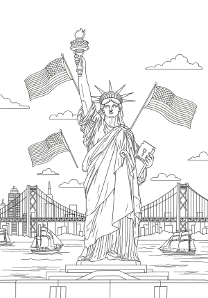 A detailed outline of the Statue of Liberty with her torch held high, surrounded by American flags and scenic elements of New York Harbor