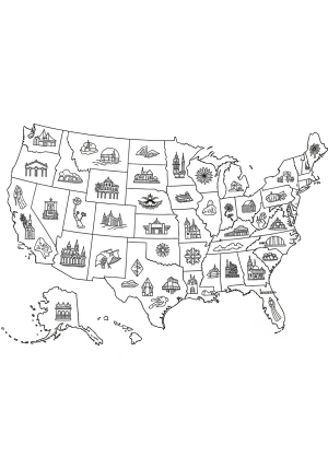 An intricate map of the United States showing state borders, iconic landmarks, and symbols representing different regions