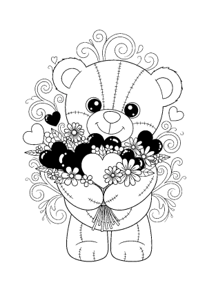 A cute teddy bear holding a bouquet of hearts and flowers, surrounded by swirling decorative elements