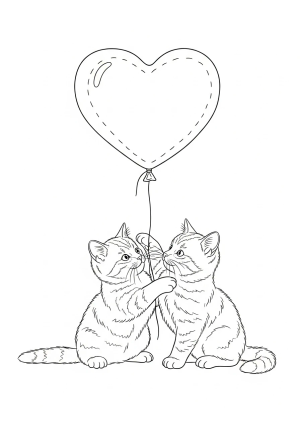 A playful scene of two adorable kittens sitting together with a large heart-shaped balloon floating above them