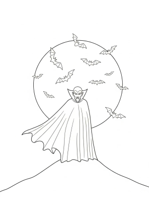 A classic vampire standing ominously on a moonlit hilltop with a flowing cape and pointed fangs, surrounded by bats fluttering in the night sky