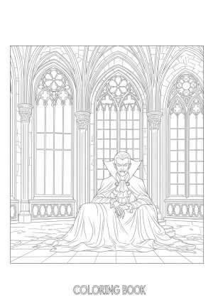 A vampire resting in a grand, gothic castle interior with tall arched windows, ornate stonework, and a sinister, regal pose