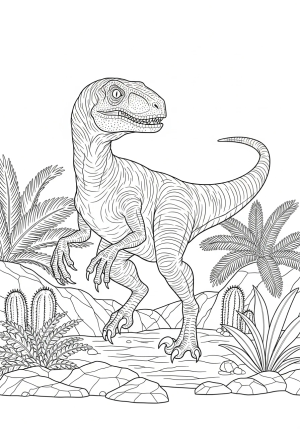 A detailed illustration of a velociraptor standing on a rocky terrain, with sharp claws and a long tail, surrounded by prehistoric plants.