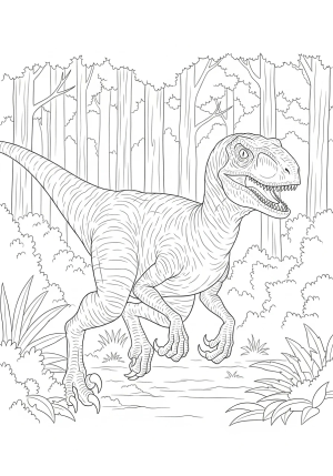 A dynamic scene of a velociraptor mid-run through a lush forest, with its head turned to showcase its fierce expression and scaly texture.