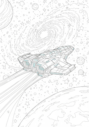 A detailed scene of a futuristic spaceship navigating through a cosmic galaxy filled with stars and planets