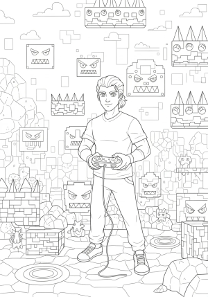 An adventurous hero with a game controller in hand standing amidst pixelated obstacles and digital enemies