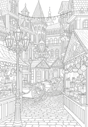 An ornate old-fashioned Christmas marketplace with antique lampposts, vintage sleighs, and holiday ornaments, captured in a detailed vintage style