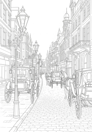 Intricate vintage Victorian street scene with horse-drawn carriages, elegant lampposts, and historic buildings lining the cobblestone road