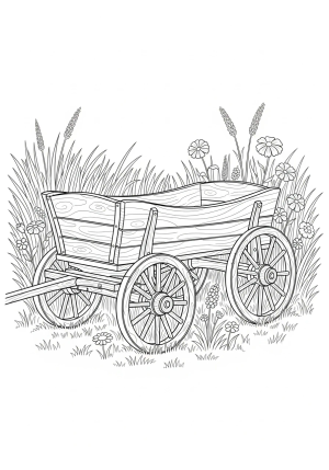 A classic wooden wagon with large spoked wheels parked in a countryside meadow with tall grass and wildflowers surrounding it
