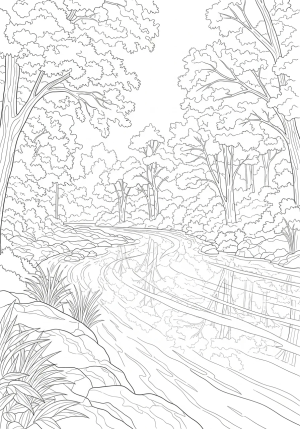 A detailed illustration of a calm river flowing through a lush forest with reflections on the water.