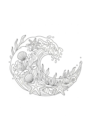 A whimsical scene of a splashy ocean wave with seashells, starfish, and seaweed surrounding it.