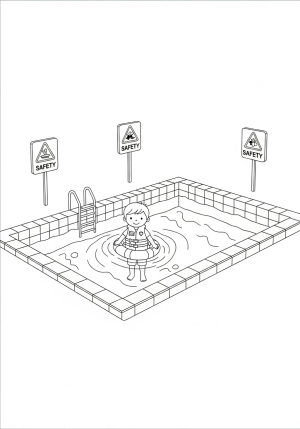 A child wearing a life jacket and staying within the safety zone near the edge of a swimming pool surrounded by safety signs