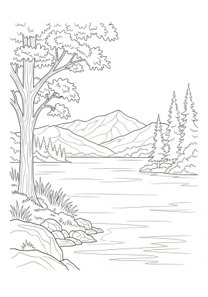 A tranquil and detailed watercolor landscape of a serene lakeside scene with trees, mountains, and reflections in the water