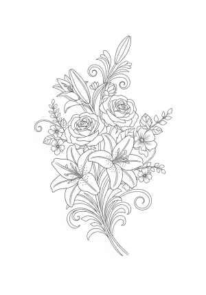 An intricate watercolor-style floral arrangement featuring blooming roses, lilies, and swirling foliage arranged in a graceful bouquet