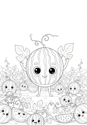 A playful scene of a smiling watermelon character with big eyes and leaf arms standing in a garden surrounded by smaller watermelons and vines