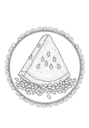 A detailed illustration of a juicy watermelon slice nestled among watermelon seeds with a decorative border around it