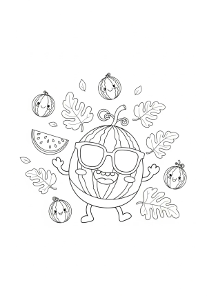 A playful scene featuring a cheerful watermelon character with sunglasses and a big smile, surrounded by smaller watermelons and leaves