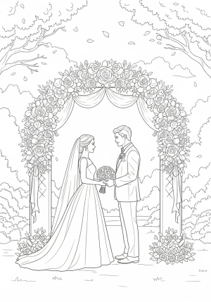 A detailed scene of a bride and groom holding hands beneath a beautifully decorated archway with flowers and ribbons, set in an idyllic outdoor setting