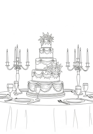 A romantic depiction of a wedding cake with multiple tiers, intricate icing designs, and floral embellishments, surrounded by elegant table settings and candleholders