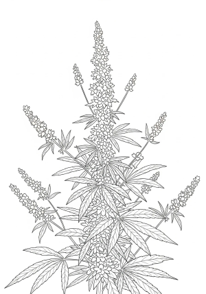 A close-up line drawing of a lush weed plant with its sprawling stems, leaves, and tiny flowers in an organic, freeform style