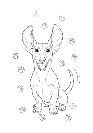 A cute wiener dog sitting happily with floppy ears and a wagging tail, surrounded by playful paw prints