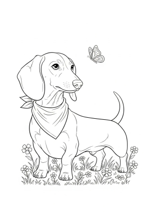 A wiener dog wearing a bandana, standing on a patch of grass with flowers and a butterfly nearby