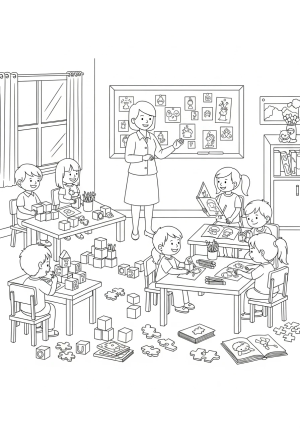 A cheerful preschool classroom scene with children playing, a teacher at the blackboard, and various learning materials scattered around