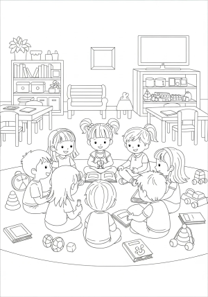 A friendly group of children sitting in a circle during storytime, with books and toys surrounding them in a lively classroom setting