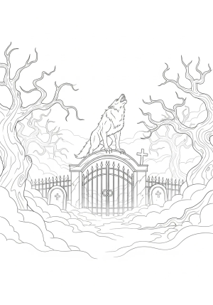 A snarling werewolf howling atop a graveyard gate during a foggy night, surrounded by eerie trees.