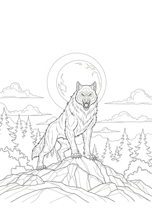 A fierce werewolf standing on a rocky hill under a full moon with a wild forest in the background.