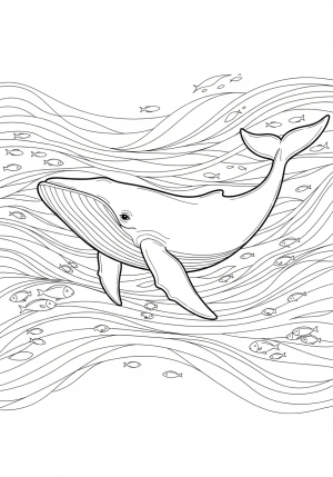 An elegant whale gracefully swimming through a deep ocean, surrounded by flowing waves and small fish.