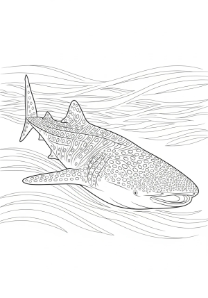 A detailed illustration of a whale shark swimming gracefully through ocean currents, showcasing its distinctive spotted pattern and large mouth.