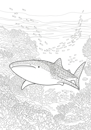 A playful scene of a whale shark gliding near a coral reef, with schools of smaller fish swimming alongside it and intricate coral formations in the background.