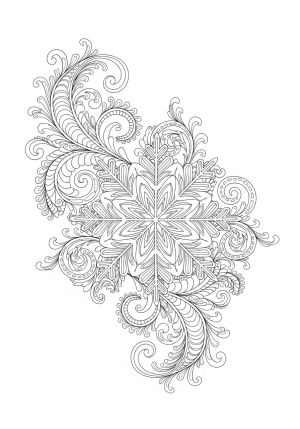 Elegant snowflake mandala with detailed crystalline patterns radiating symmetrically and surrounded by swirling winter motifs