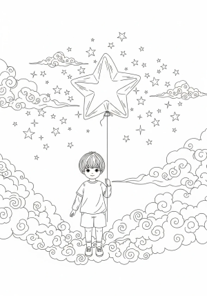 An enchanting scene of a child holding a star-shaped balloon, surrounded by swirling clouds and twinkling stars, evoking a sense of wonder and hope