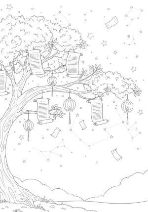 A whimsical tree with sprawling branches laden with floating wish scrolls and delicate lanterns, set against a serene night sky filled with constellations